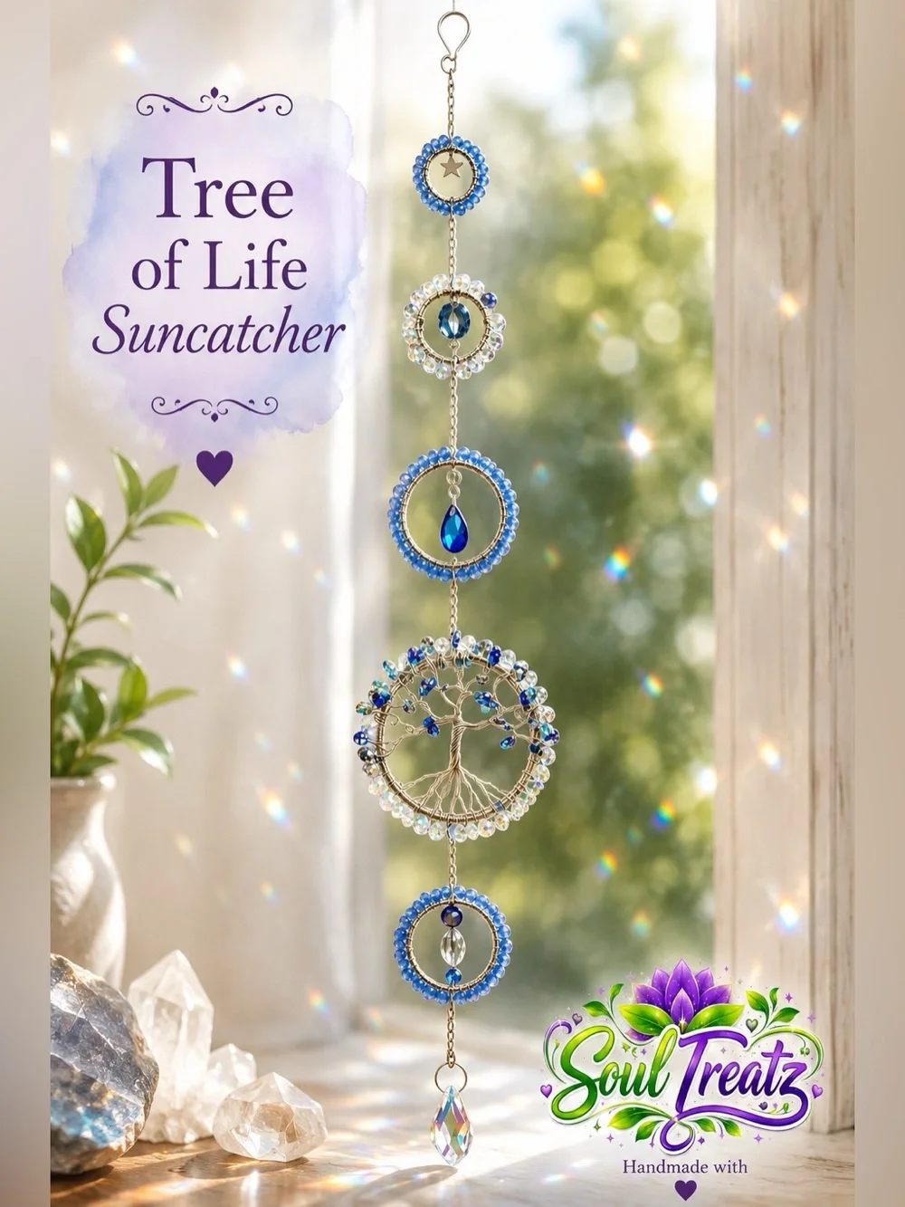 Blue & White Crystal Tree of Life Suncatcher